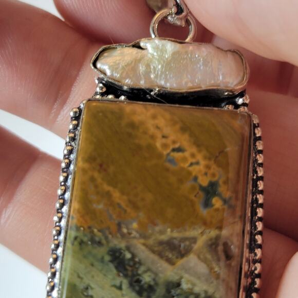 Statement Pendant Necklace – Jasper, Pearl & Purple Druzy + 20" Silver Chain - Picture 10 of 10